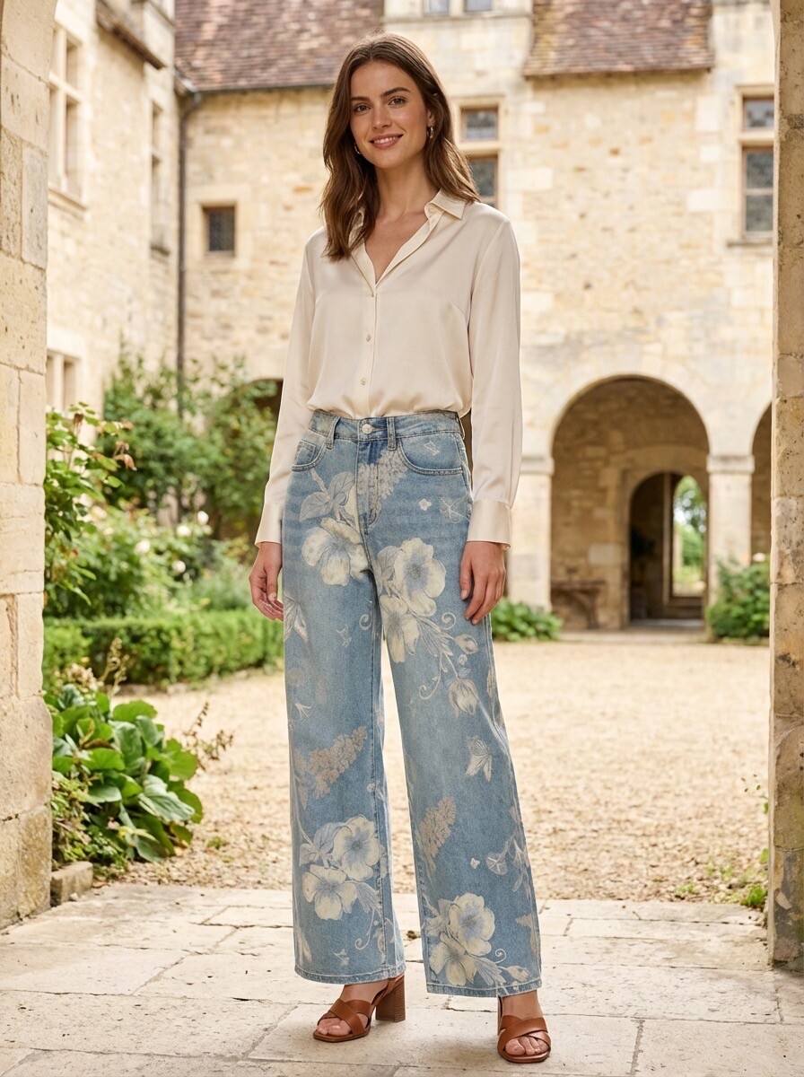 Mayorista R-Display - Jeans de pierna ancha con estampado floral