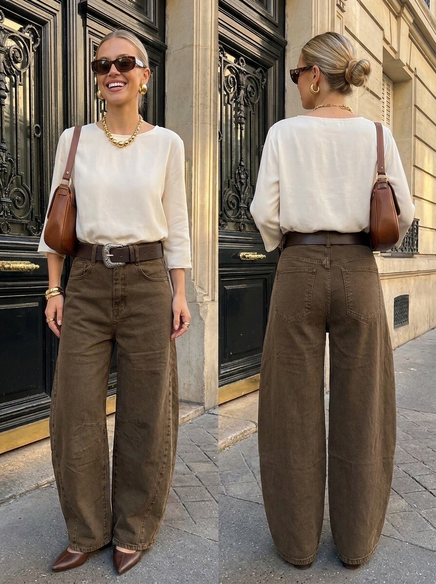 Wholesaler R-Display - Brown balloon jeans with structured details