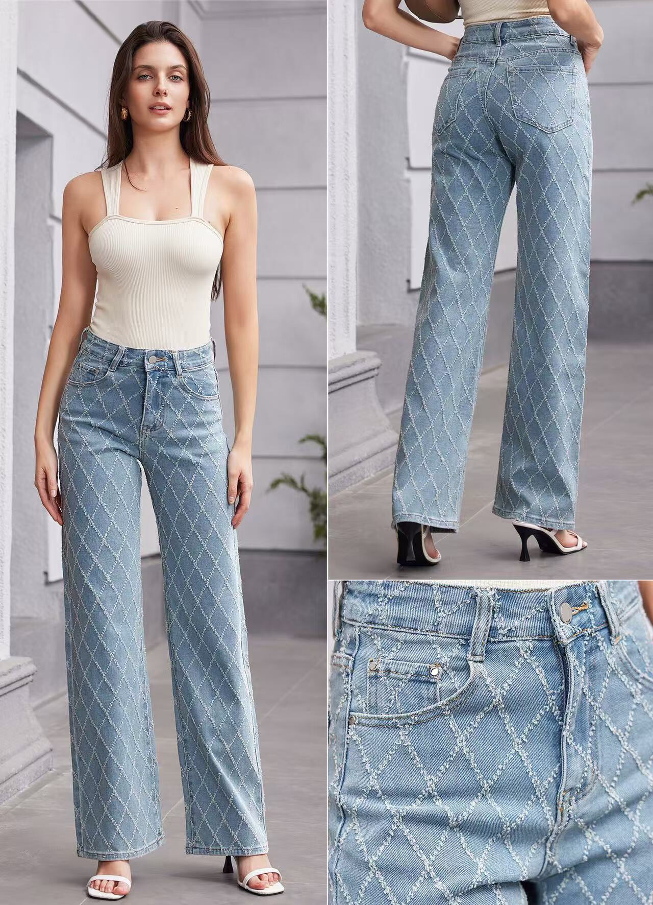 Grossiste REDBERRY - jeans bleu wide leg à jacquard grande taille