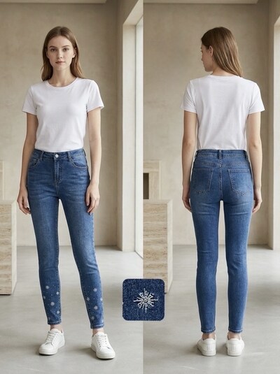Grossista REDBERRY - jeans slim blu con strass 7/8 in taglia grande Grossista REDBERRY - jeans slim blu con strass 7/8 in taglia grande