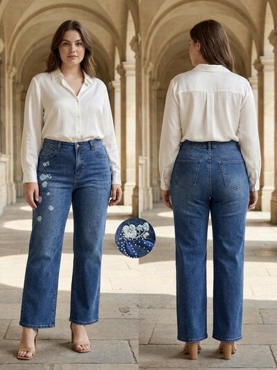 Grossista REDBERRY - jeans blu a gamba larga ricamati con strass taglia super Grossista REDBERRY - jeans blu a gamba larga ricamati con strass taglia super