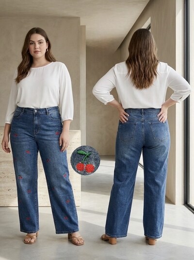 Grossista REDBERRY - jeans blu a gamba larga ricamati in taglia super Grossista REDBERRY - jeans blu a gamba larga ricamati in taglia super