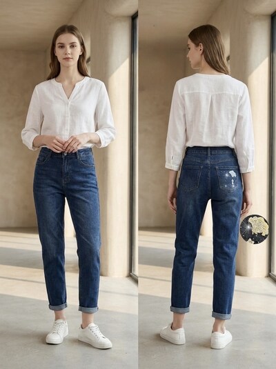 Grossista REDBERRY - jeans mom fit blu ricamati con strass in taglia grande Grossista REDBERRY - jeans mom fit blu ricamati con strass in taglia grande