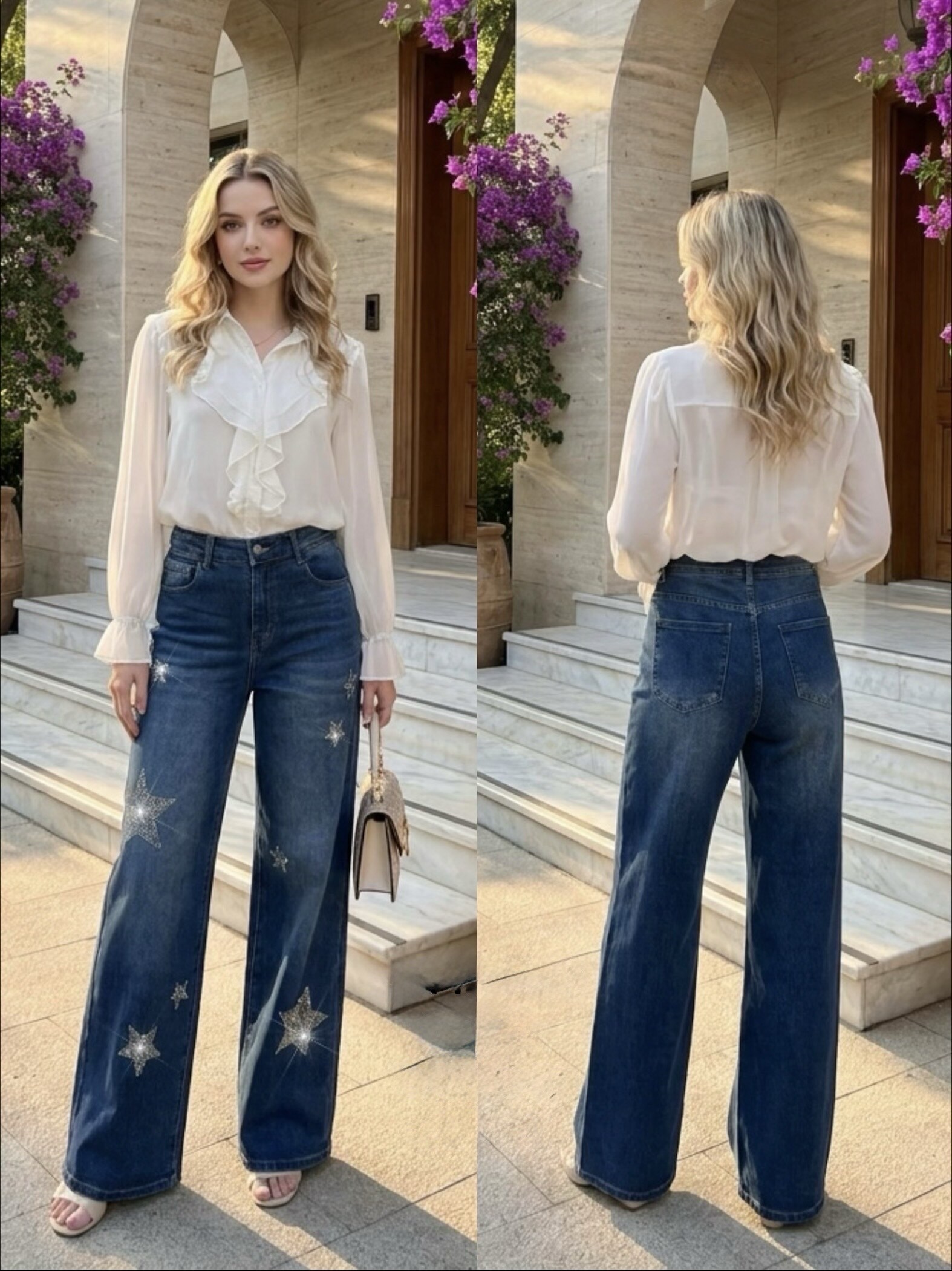Wholesaler REDBERRY - blue extra wide leg jeans with rhinestones in plus size