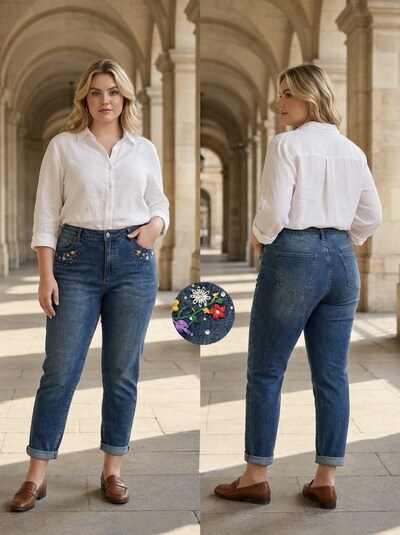 Grossista REDBERRY - jeans mom fit blu ricamati con strass in super taglia Grossista REDBERRY - jeans mom fit blu ricamati con strass in super taglia