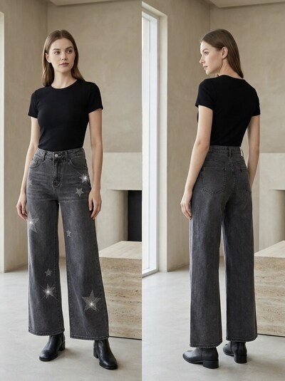 Grossista REDBERRY - jeans grigi a gamba extra larga con cintura con strass in taglia grande Grossista REDBERRY - jeans grigi a gamba extra larga con cintura con strass in taglia grande
