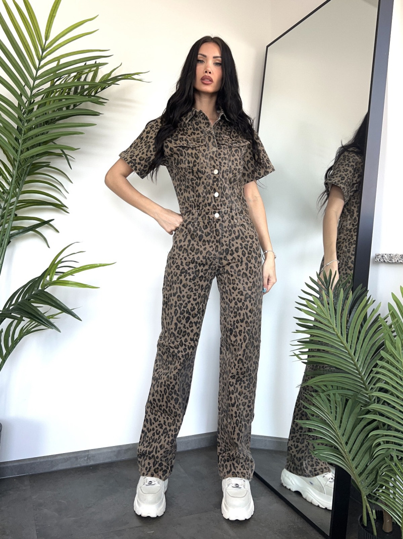 Grossiste Redial - COMBINAISON MANCHE COURTE EN JEAN IMPRIME LEOPARD