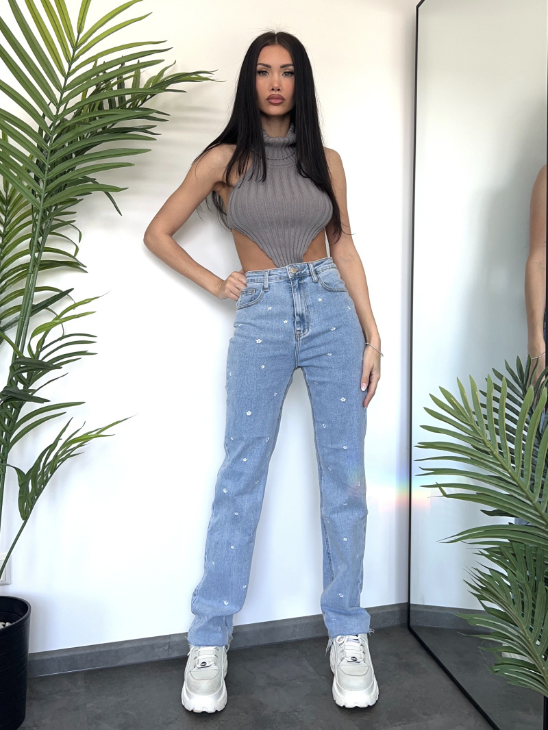 Grossiste Redial - Jean coupe droite à motif petites fleurs blanches