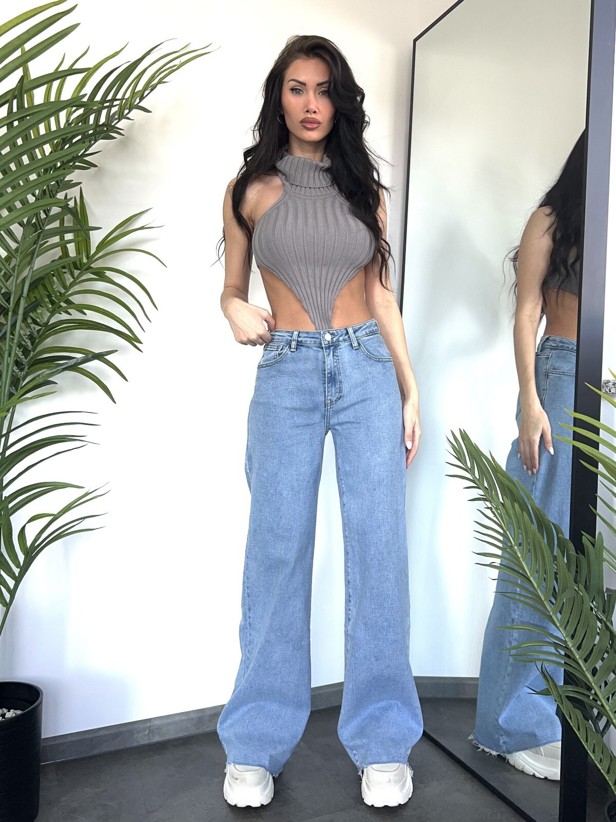 Grossiste Redial - Jean bleu clair stretch Wide leg frangé