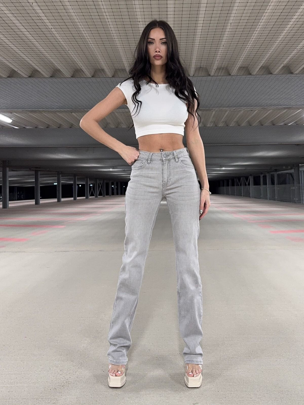 Wholesaler Redial - Extra long gray jeans Straight Fit Size Mid High
