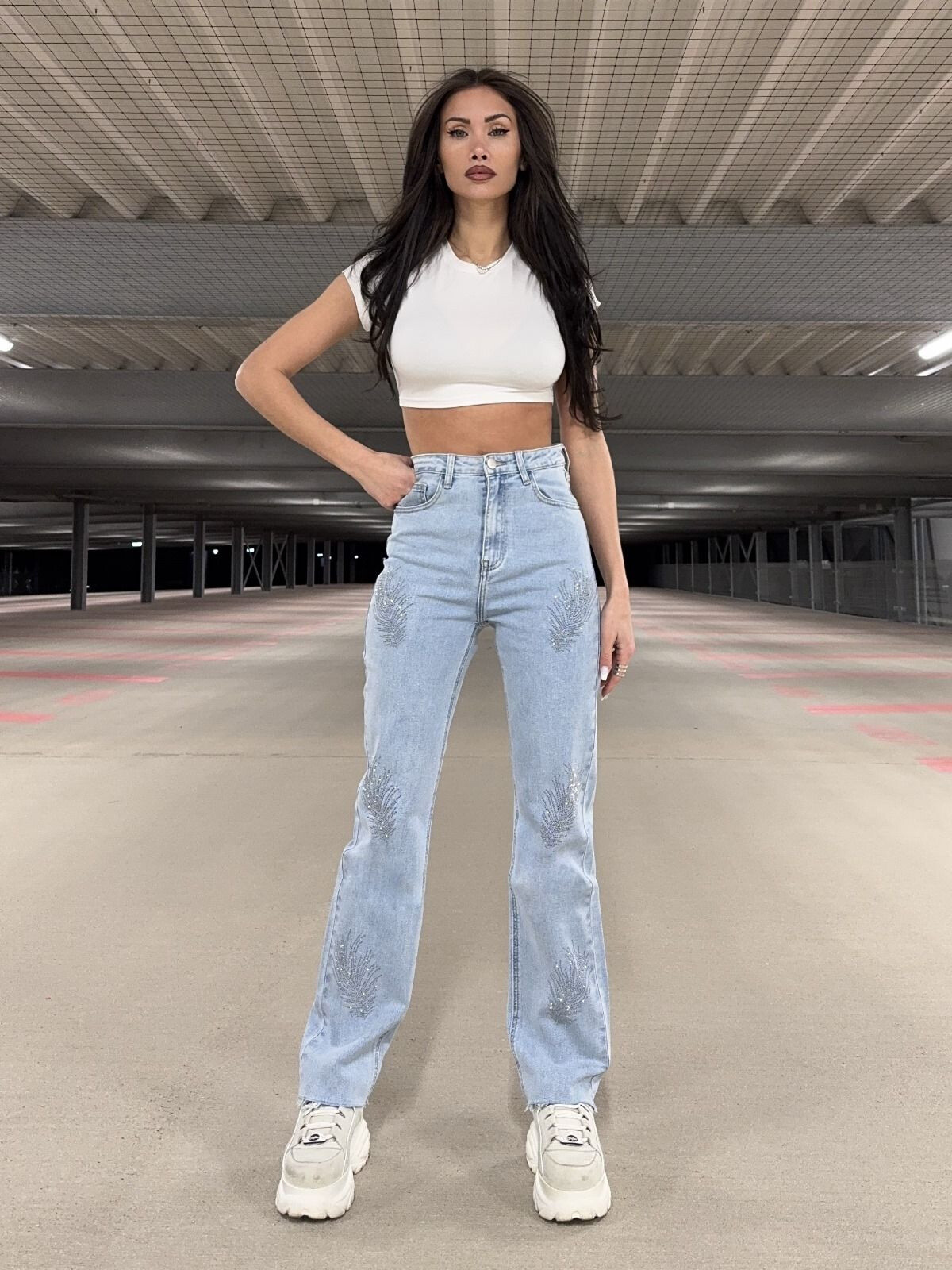 Wholesaler Redial - Jean Straight Fit with Rhinestone Plume Pattern