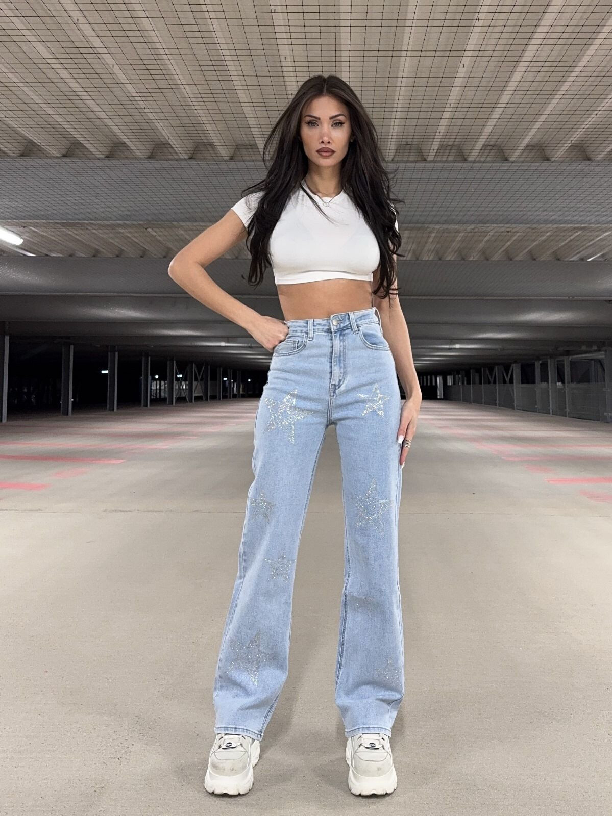 Wholesaler Redial - Jean Wide Leg with Star Pattern Rhinestone