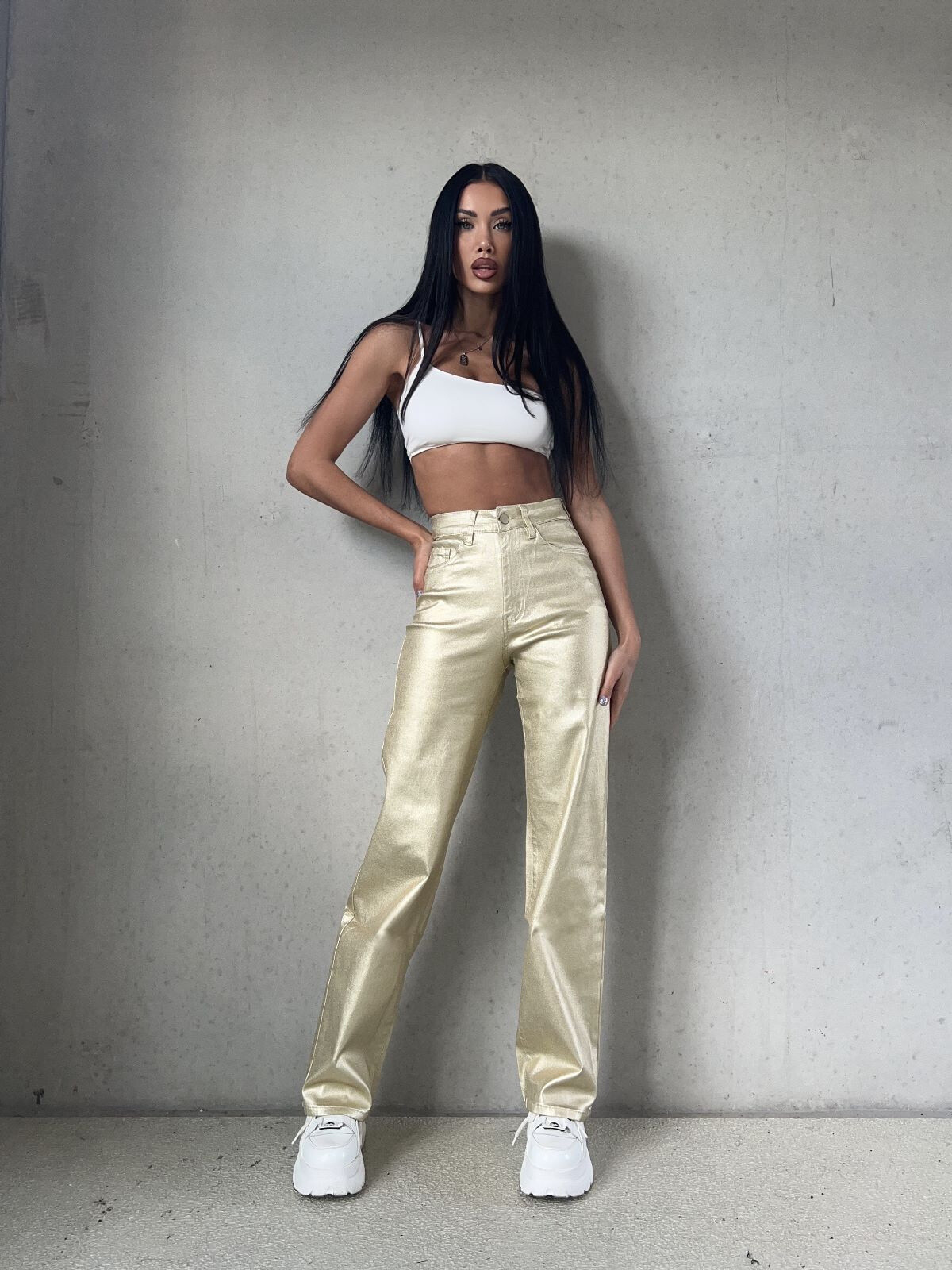 Grossiste Redial - Pantalon doré effet ciré regular fit