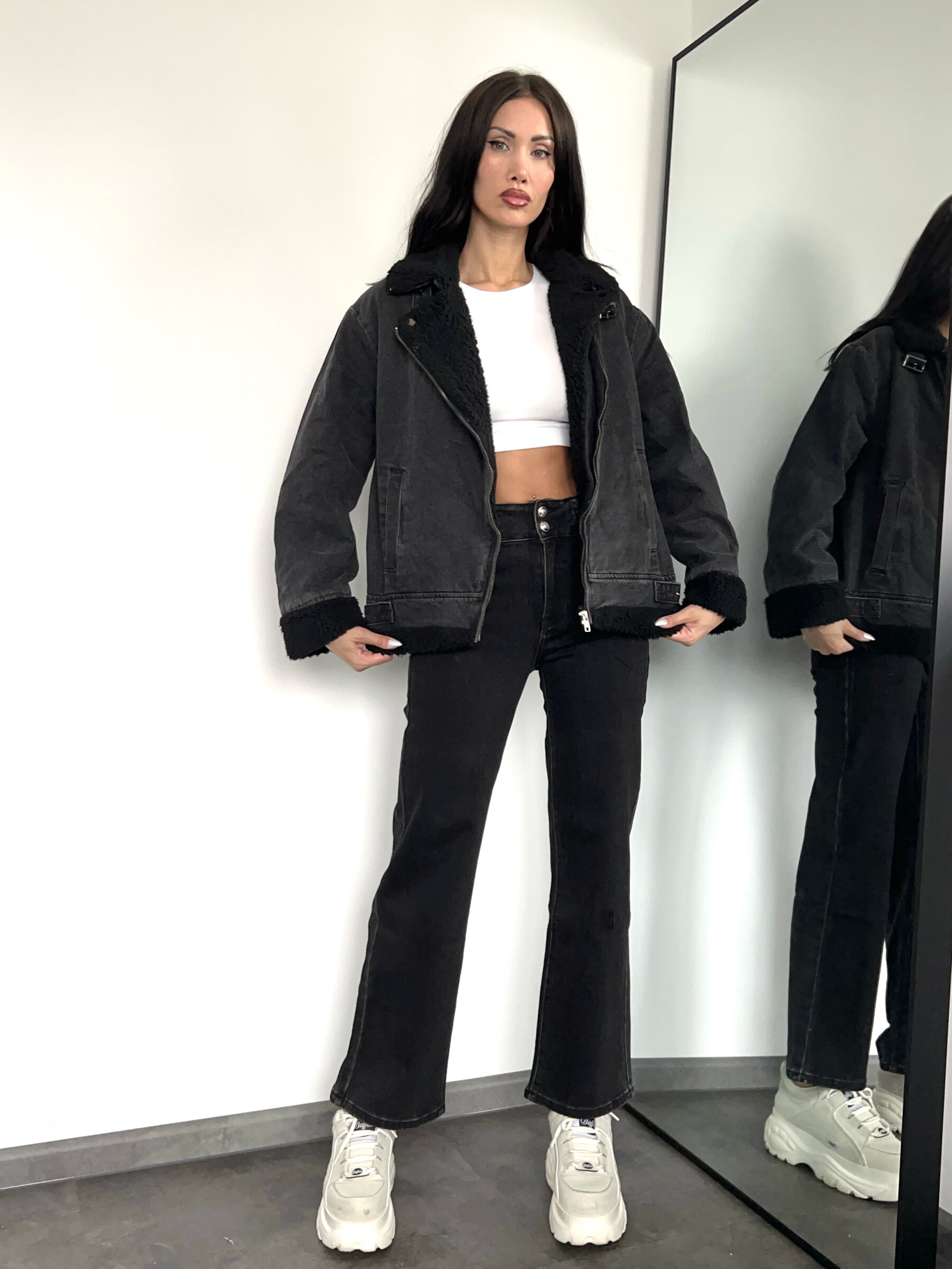 Wholesaler Redial - Black denim perfecto jacket with fur
