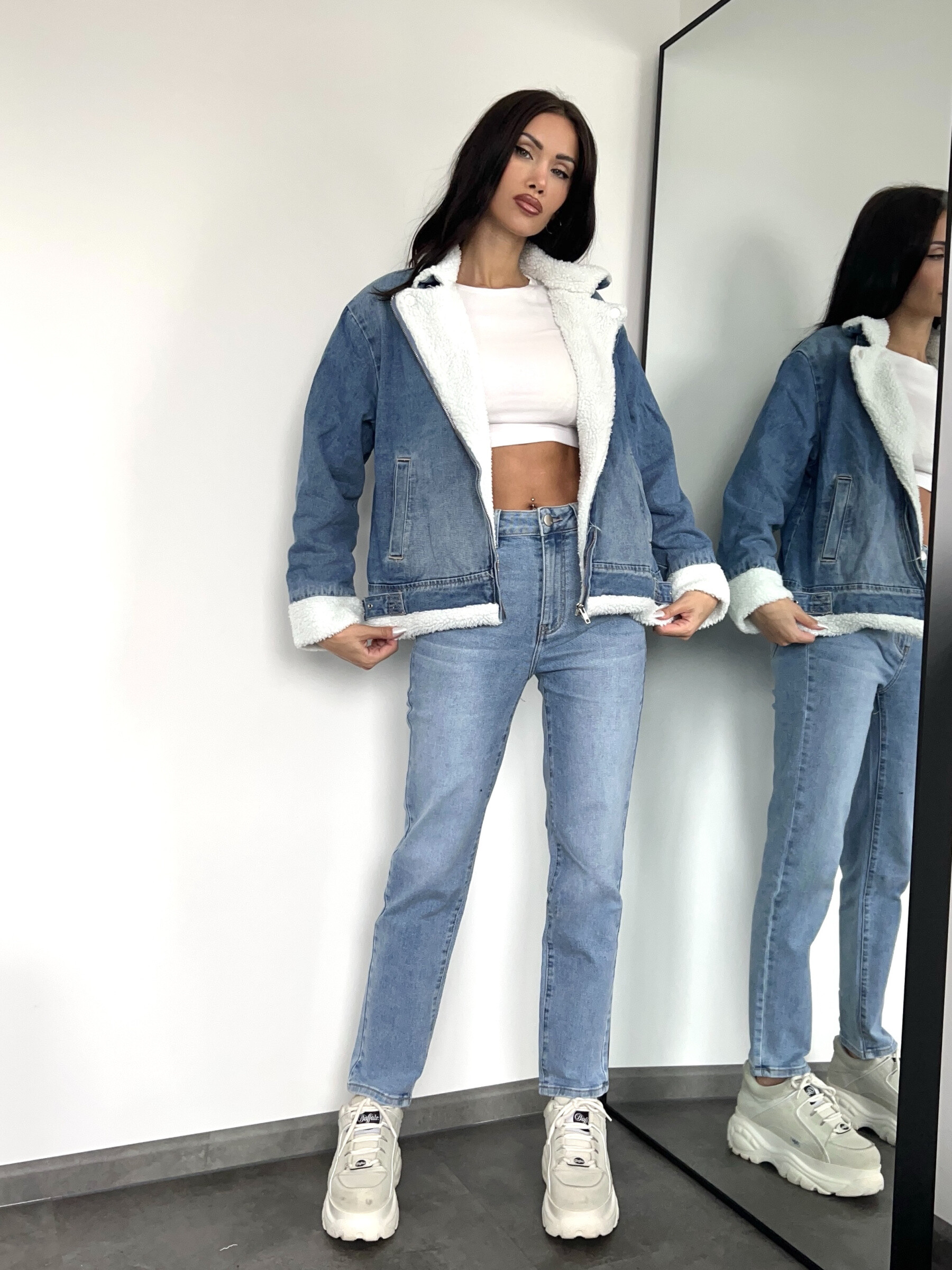 Wholesaler Redial - Blue denim perfecto jacket with fur
