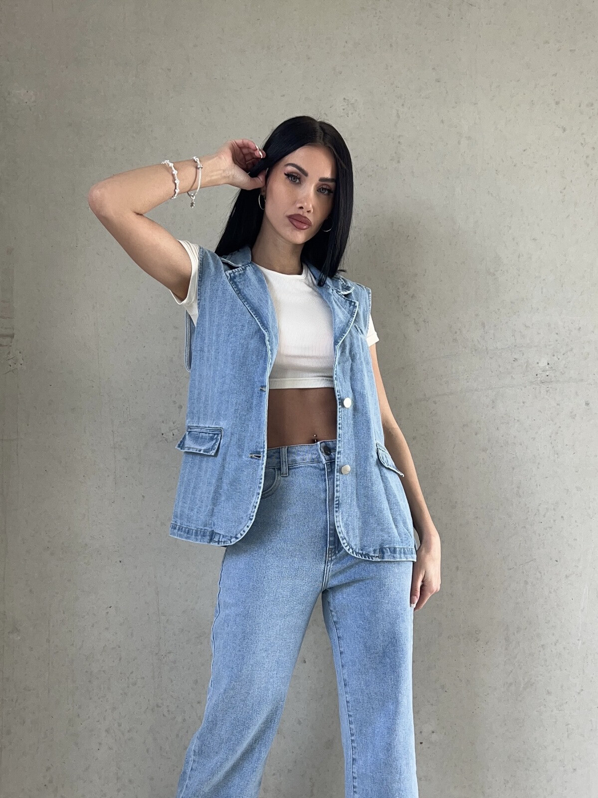 Wholesaler Redial - Sleeveless cotton -free denim jacket with blazer collar