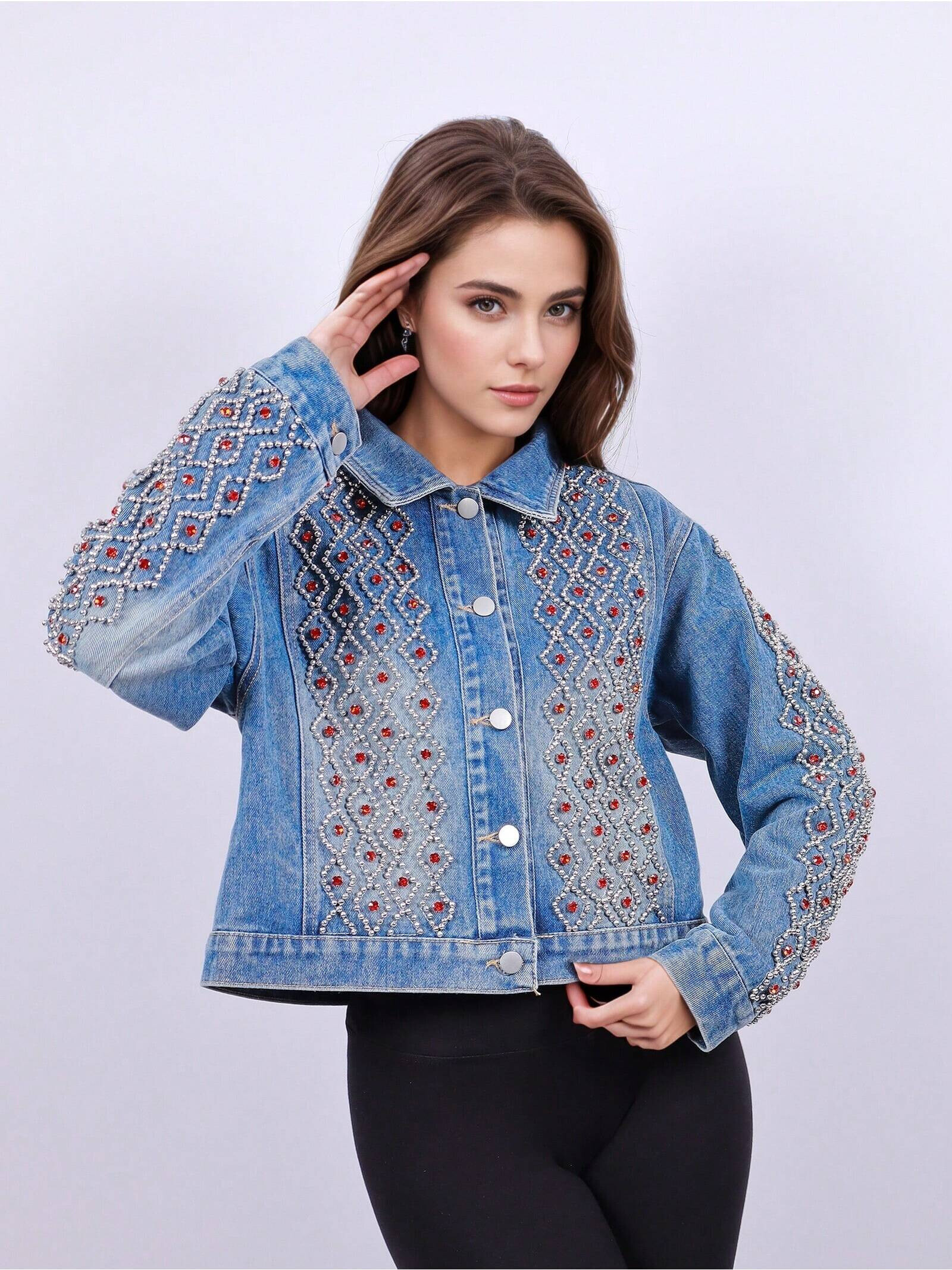 Wholesaler Remix - Casual denim jacket with rhinestone and bead details