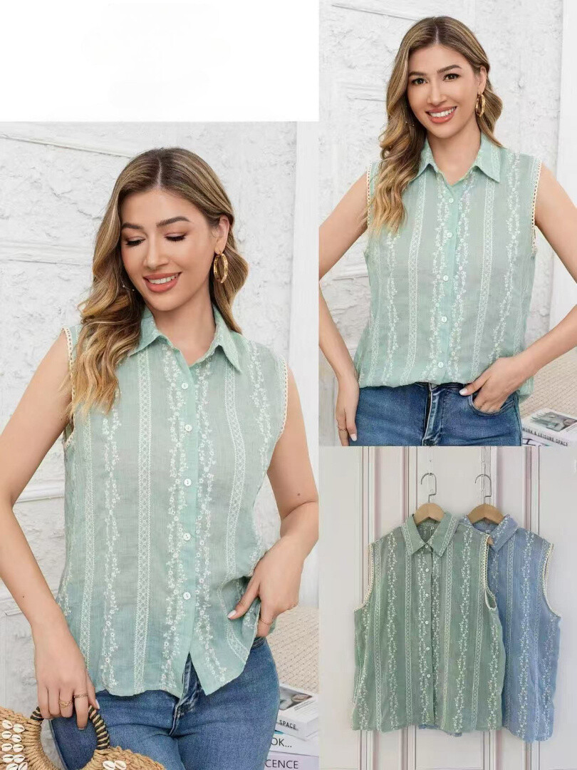 Grossiste Revd'elle - Revdelle - Top sans manches brodé avec col chemise