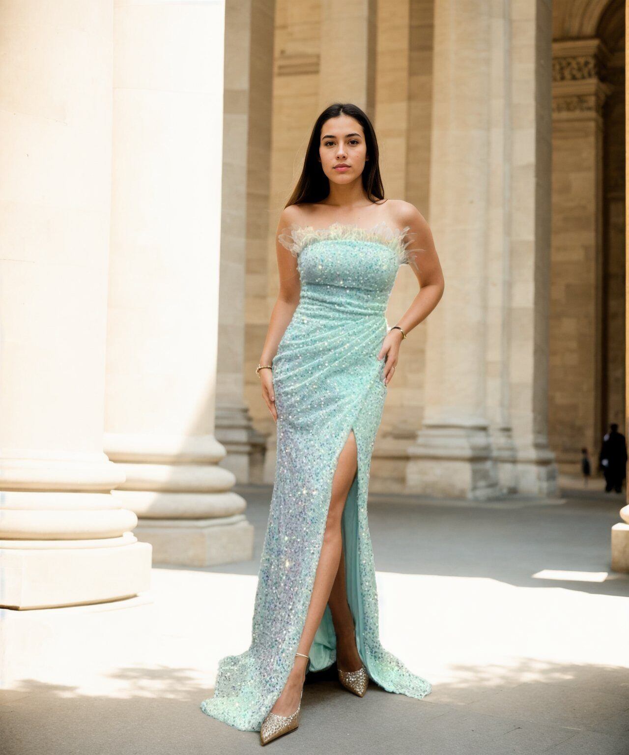 Grossiste REVEROSE by Lucas & Emma - CORUNNA - Robe bustier midi de soirée élégante à poils poitrine et détail strass paillette, froncée à la taille avec fente doublure