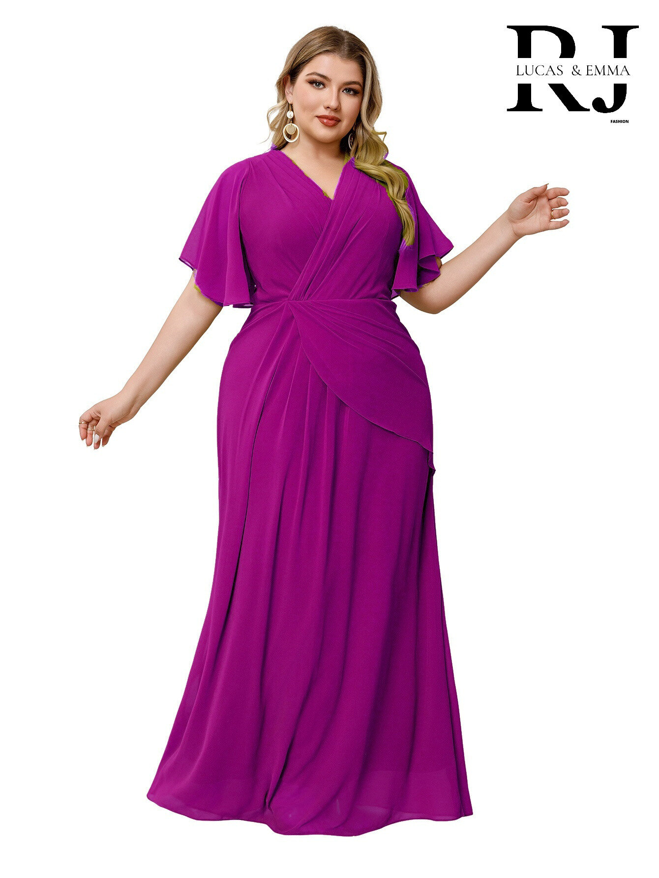Grossiste REVEROSE by Lucas & Emma - TIJUANA - Robe longue de soirée à col V et manches courtes larges drapée | GRANDES TAILLES