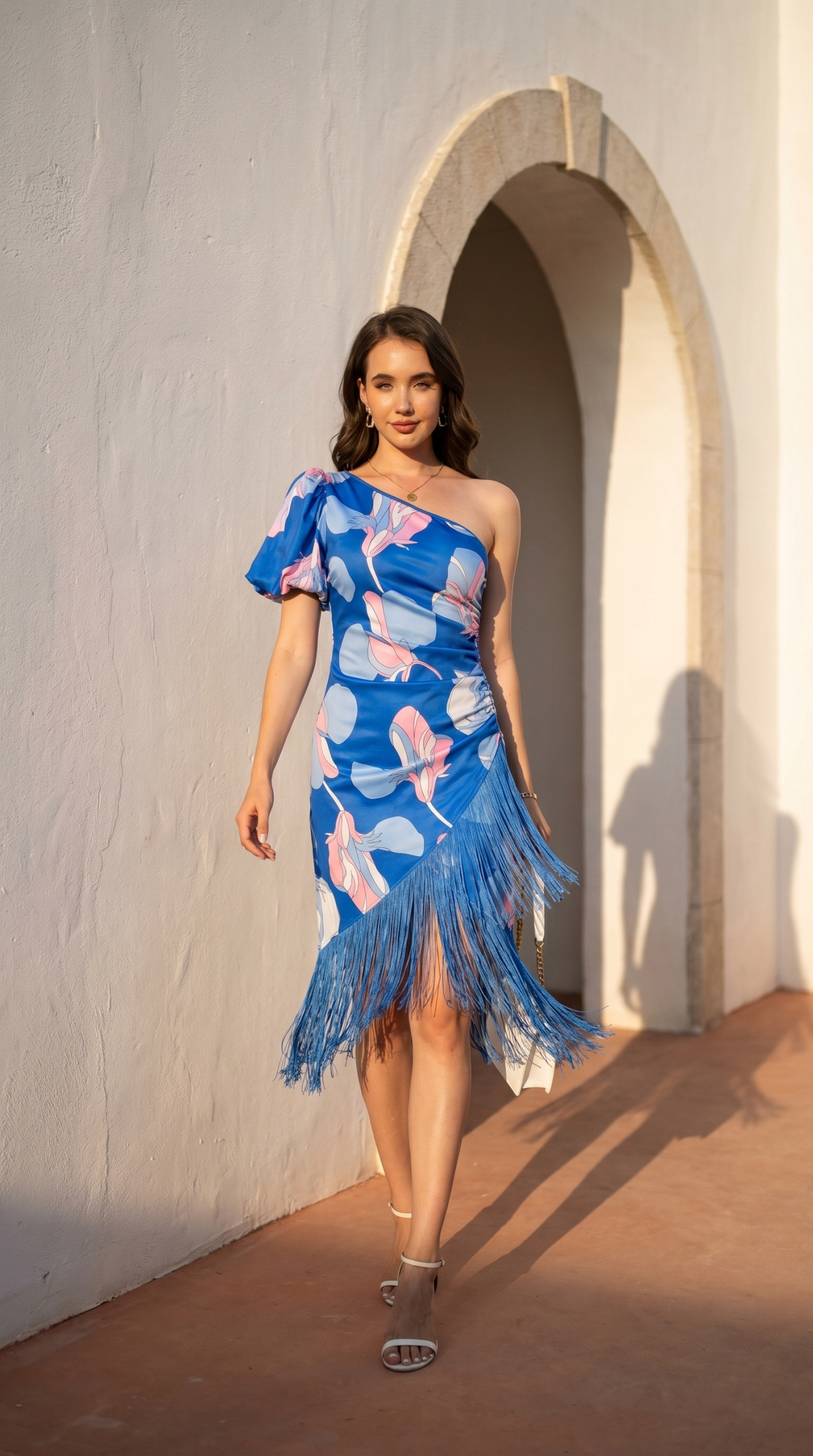 Grossiste REVEROSE by Lucas & Emma - Robe courte asymétrique imprimée à franges