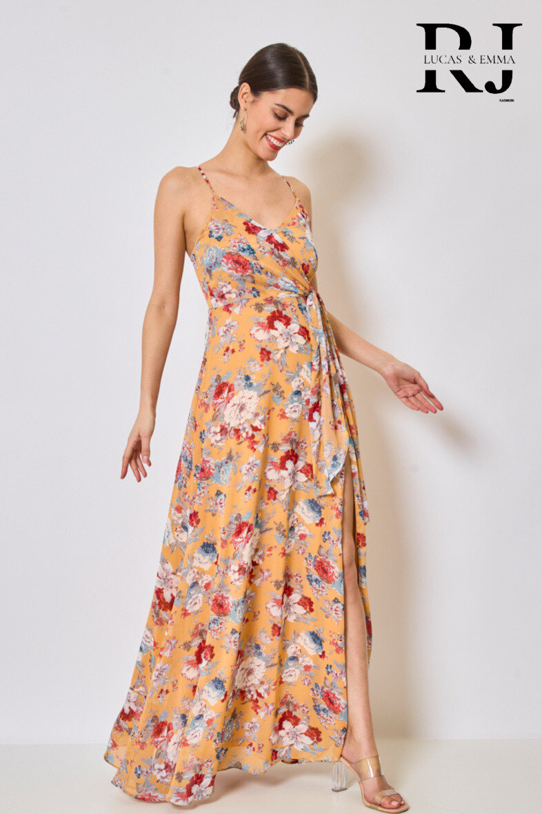 Grossiste REVEROSE by Lucas & Emma - LA REUNION - Robe longue élégante de soirée d'été à noeud imprimé et fendu