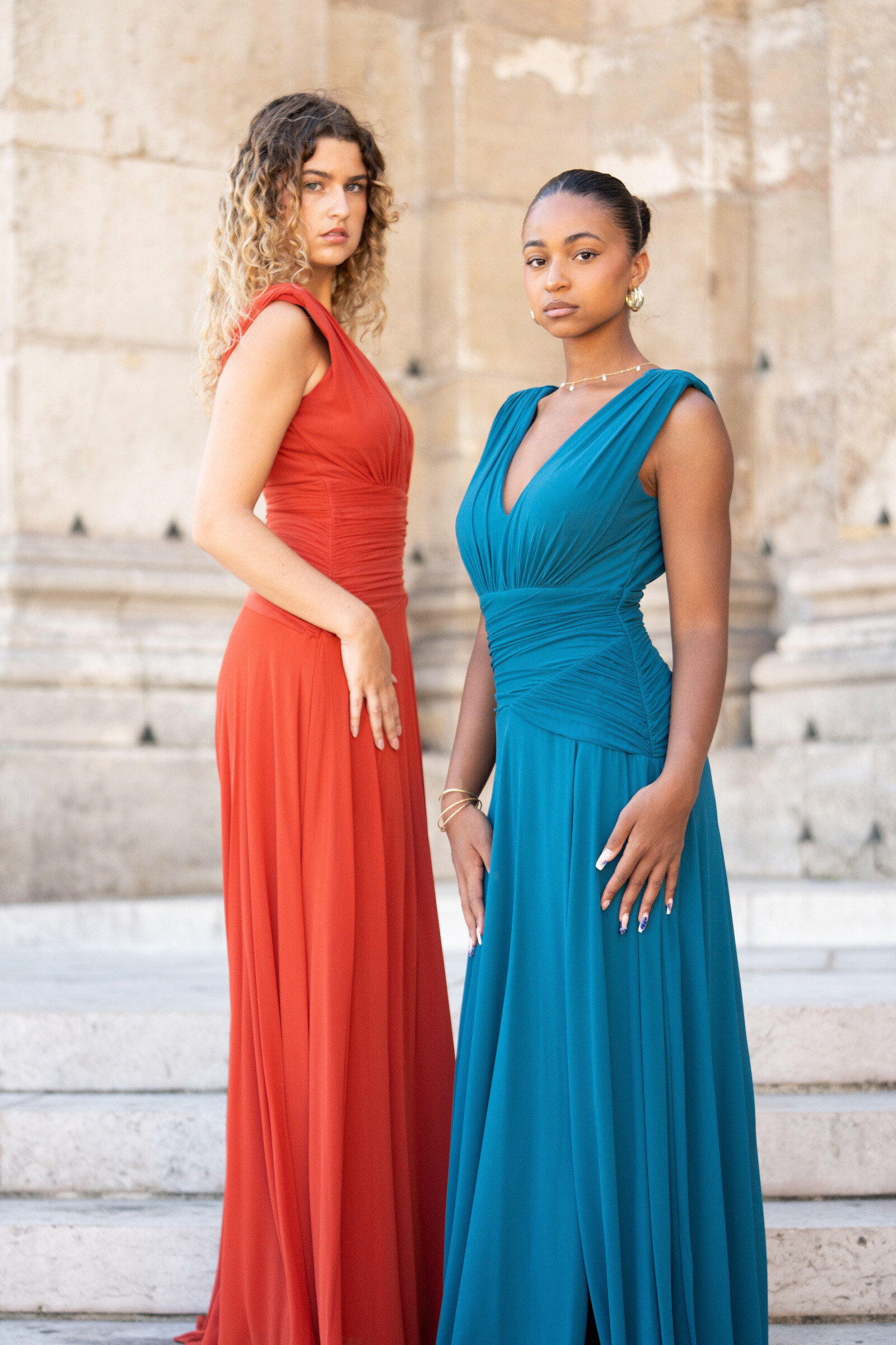 rose gold colour dress Long Sleeve Draped Satin Gown with Rhinestones and High Slit – Rose Gold &  Eggplant main image 1