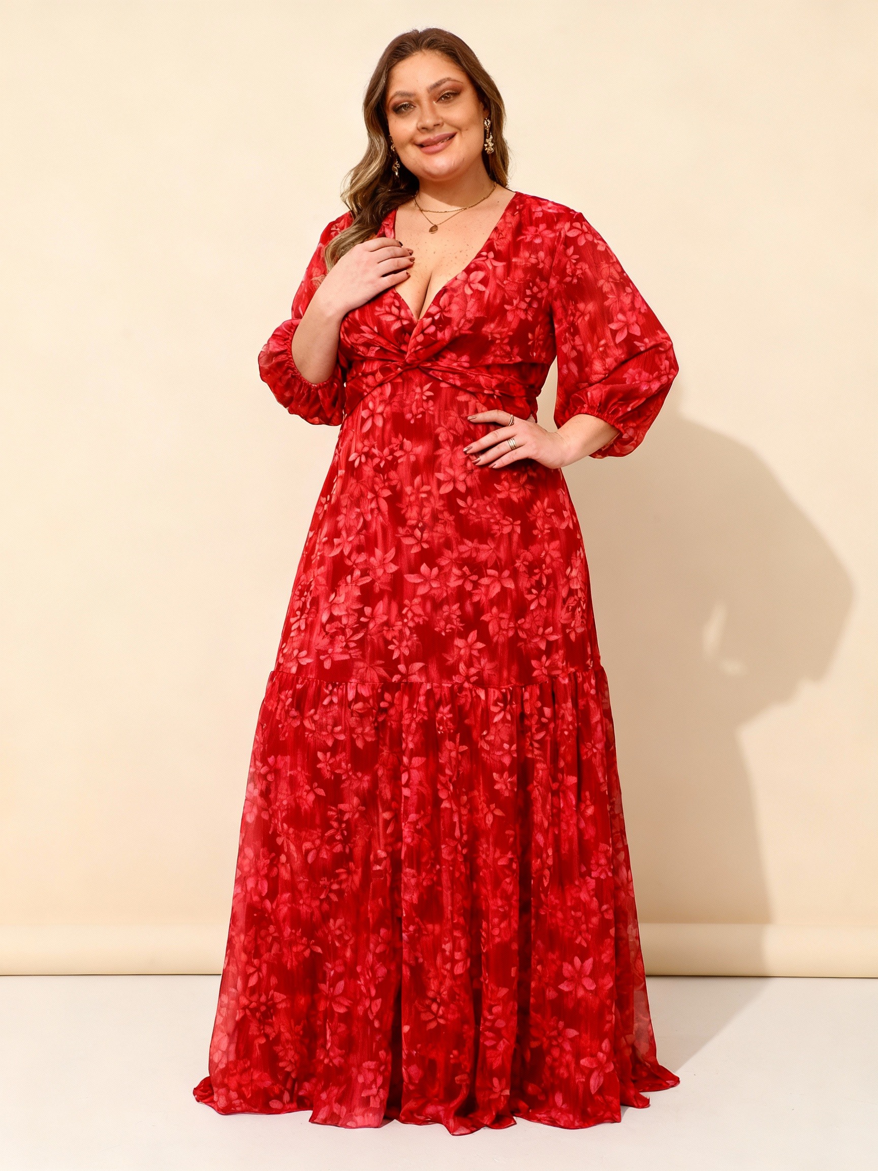 Grossiste REVEROSE by Lucas & Emma - SALERNO - Robe longue d'été et de cérémonie à cache-coeur manches longues bouffantes cintrées et tombé ample | GRANDES TAILLES