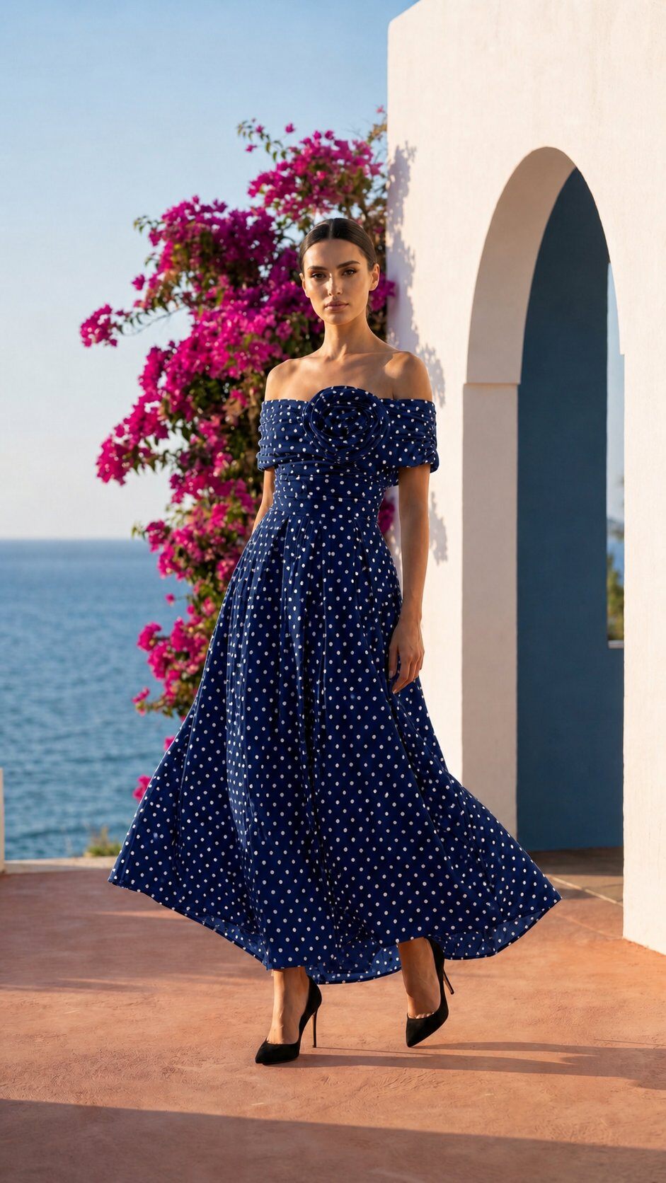 Mayorista REVEROSE by Lucas & Emma - Vestido largo de ceremonia con lunares y diseño de hombros descubiertos