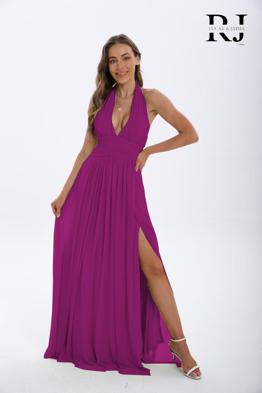 Großhändler REVEROSE by Lucas & Emma - Langes Sommerkleid mit Schlitz, gerafftem Ausschnitt, im Bohème-Stil
