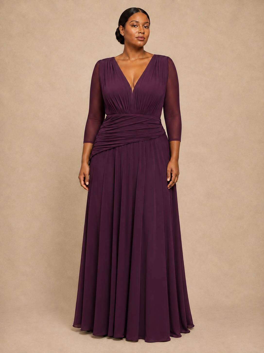 Wholesaler REVEROSE by Lucas & Emma - KIRKBY - Elegant evening gown with a pleated V-neck, fitted waist, and sheer 3/4 sleeves, flowing silhouette | PLUS SIZES