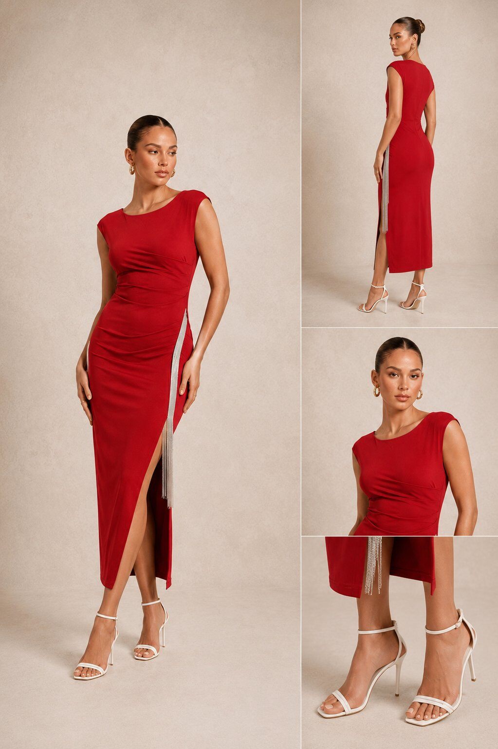 Grossiste REVEROSE by Lucas & Emma - MISSOULA - Robe midi de soirée à col rond moulante à fente et détail bijou argenté