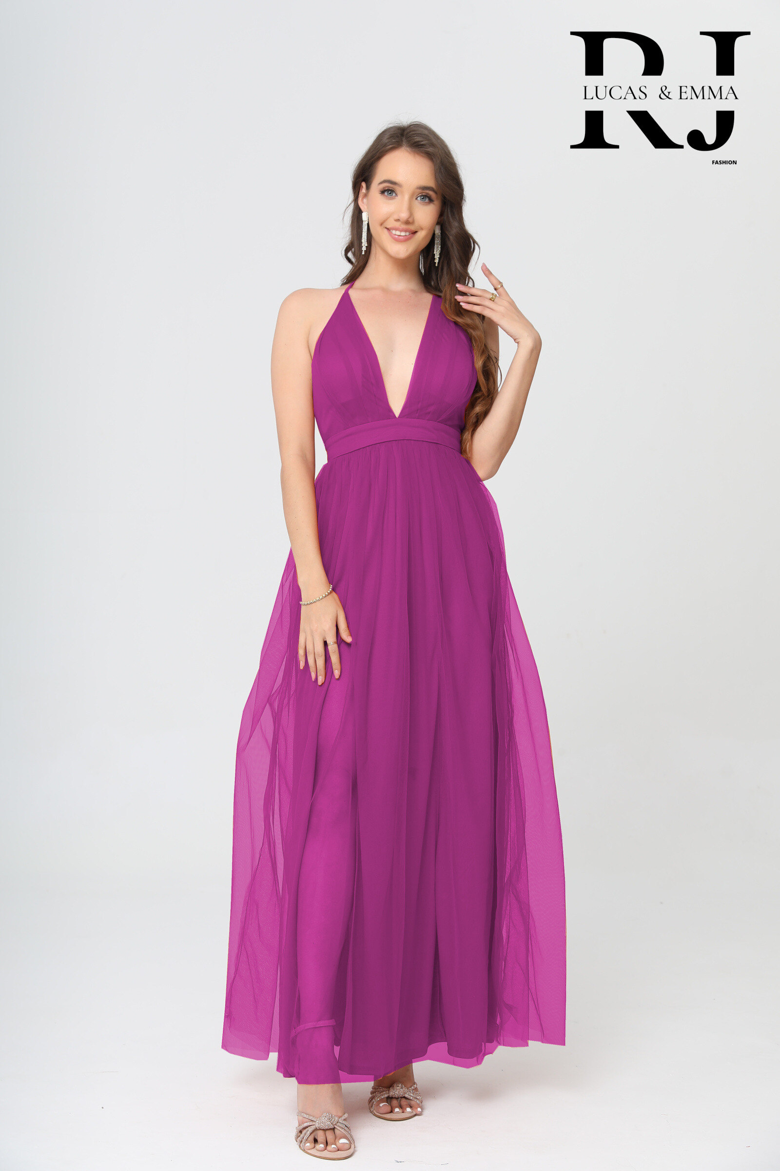 Grossiste REVEROSE by Lucas & Emma - GALWAY - Robe longue de soirée à col V plongeant décolleté, cintrée, tombé jupe en tulle