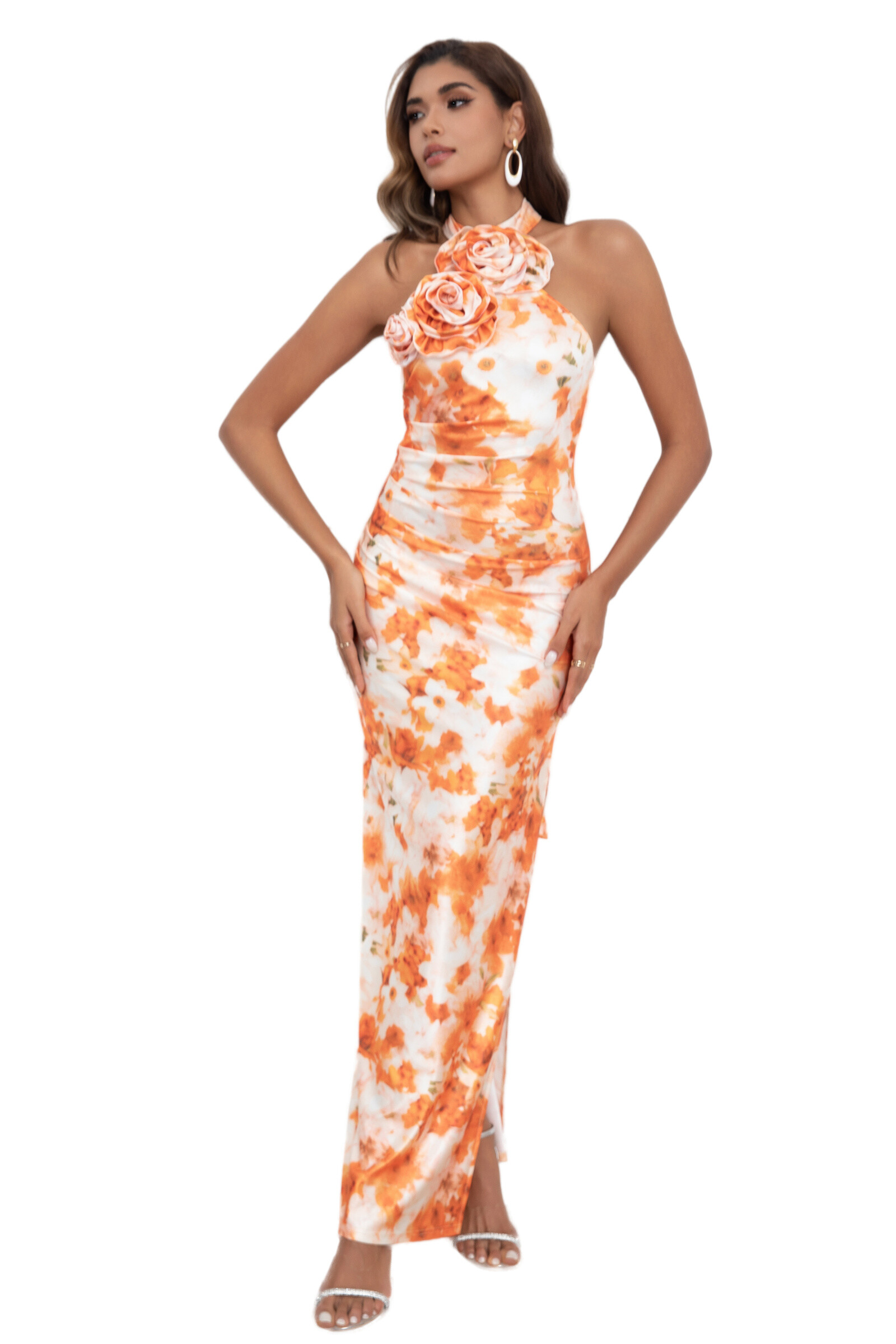 Großhändler REVEROSE by Lucas & Emma - Hoher Halsausschnitt florales gespaltenes Abendkleid Sommer Zeremonie
