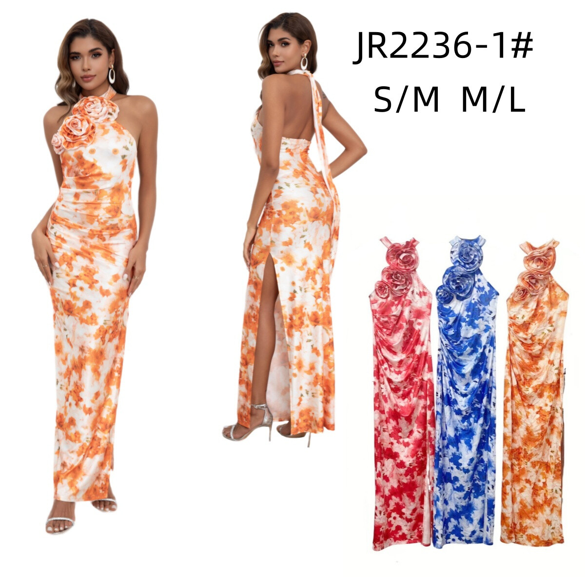 Wholesaler REVEROSE by Lucas & Emma - High neck floral split evening dress summer ceremony