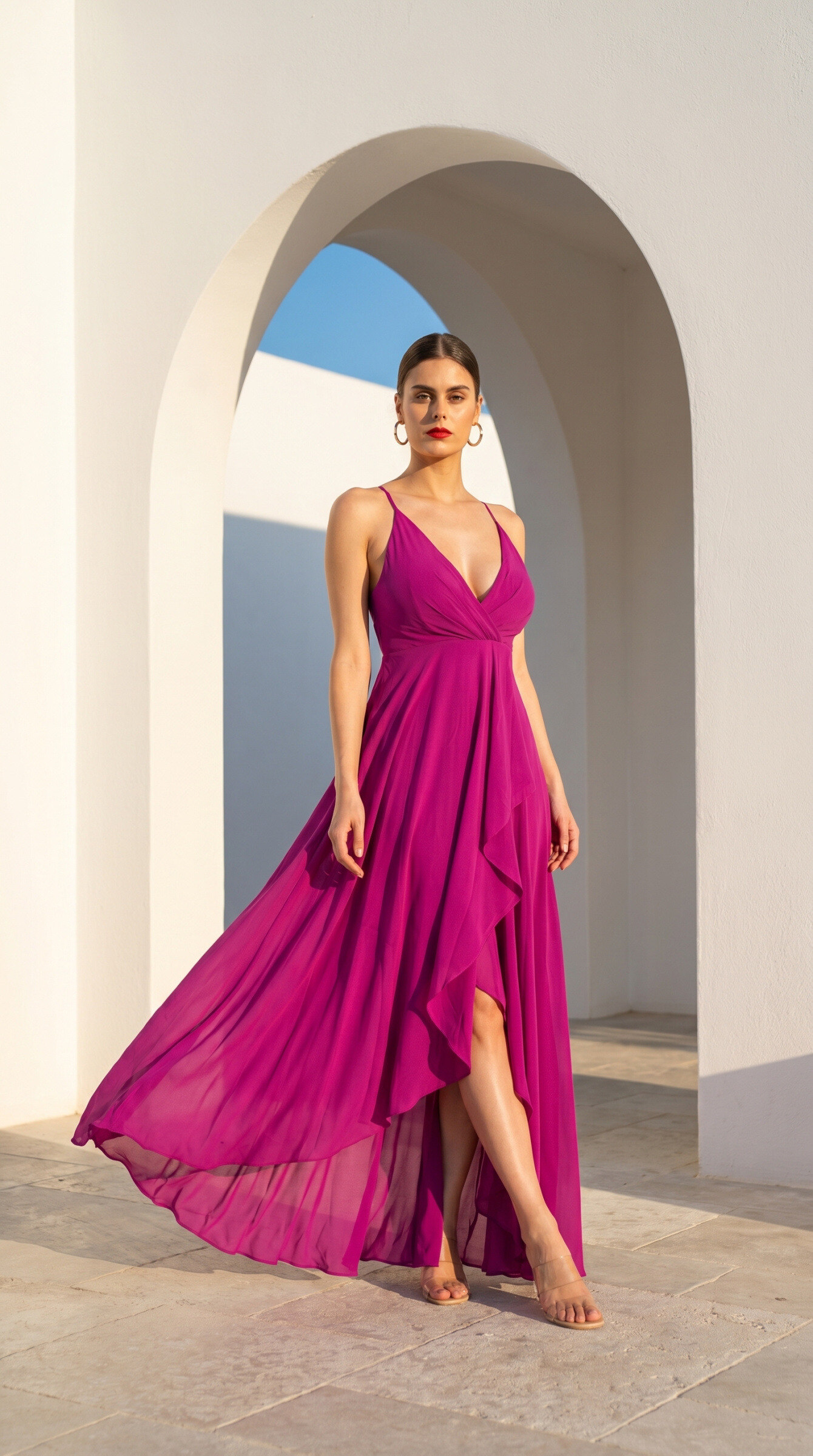 Grossiste REVEROSE by Lucas & Emma - BERNE - Robe longue élégante d'été et de soirée à volants et cache-coeur col V à bretelles