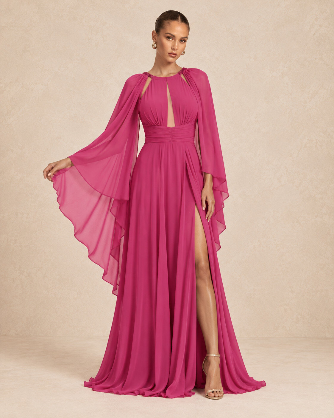 Wholesaler REVEROSE by Lucas & Emma - Flowy long formal dress with cape sleeves
