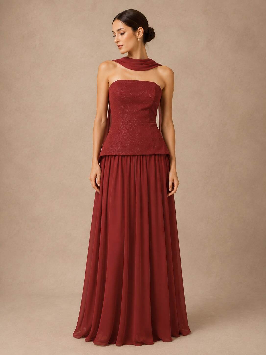 Grossiste REVEROSE by Lucas & Emma - CALNE - Robe bustier longue de soirée et de cérémonie à haut corset, détail écharpe et tombé plissé