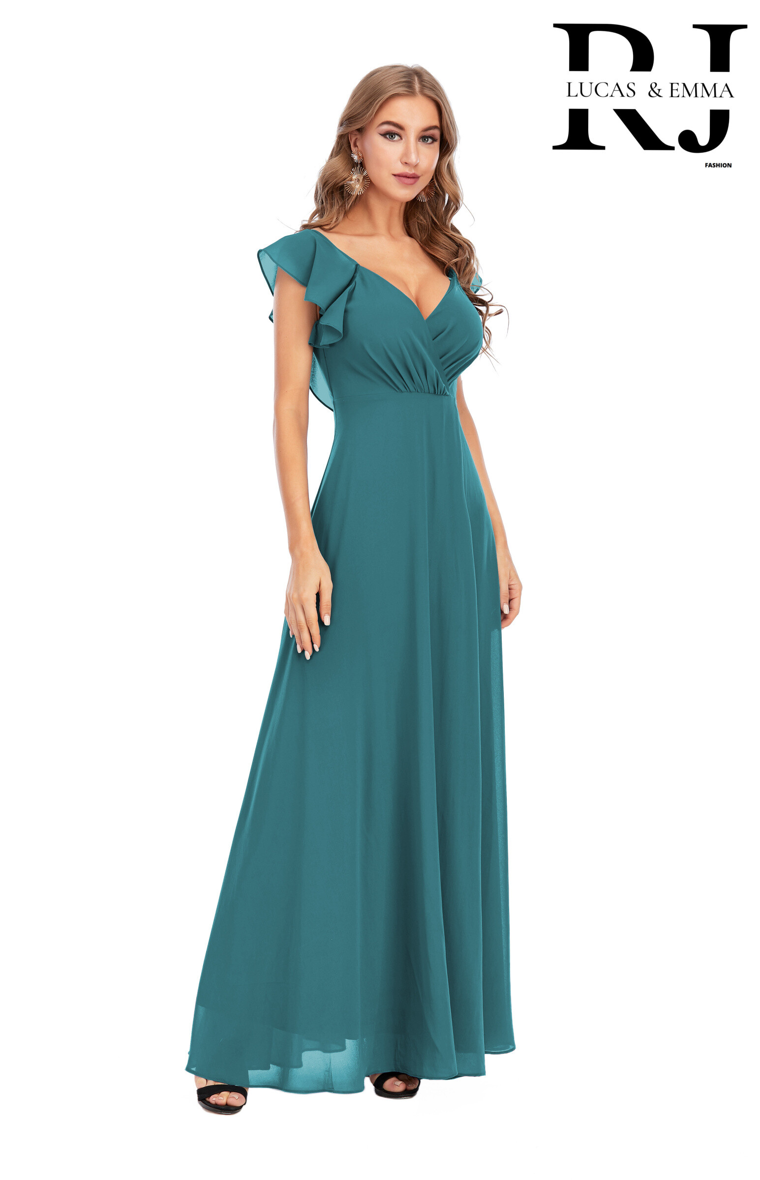 Grossiste REVEROSE by Lucas & Emma - Robe longue été fendue avec manches volantées chic