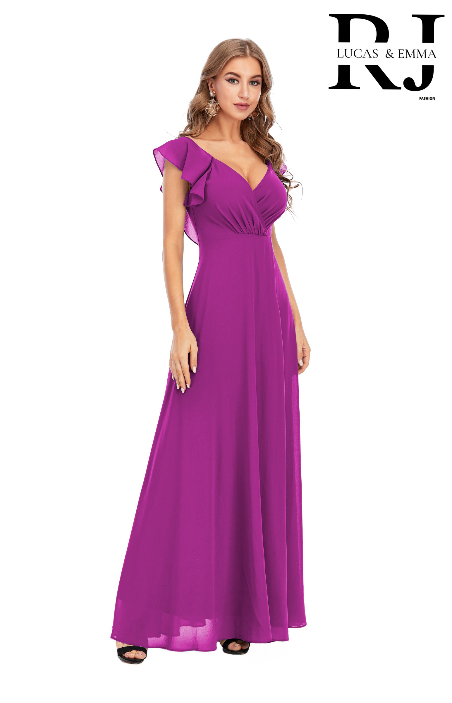 Großhändler REVEROSE by Lucas & Emma - Langes Sommerkleid mit schicken gerüschten Ärmeln