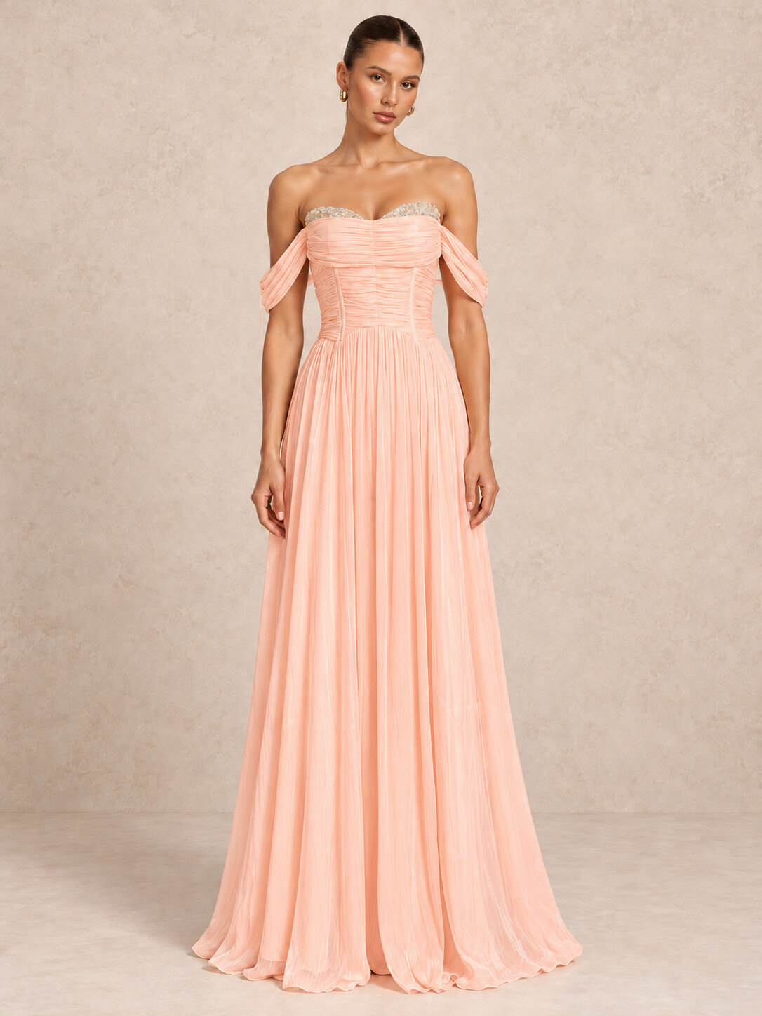 Wholesaler REVEROSE by Lucas & Emma - Long draped off-shoulder dress with rhinestones