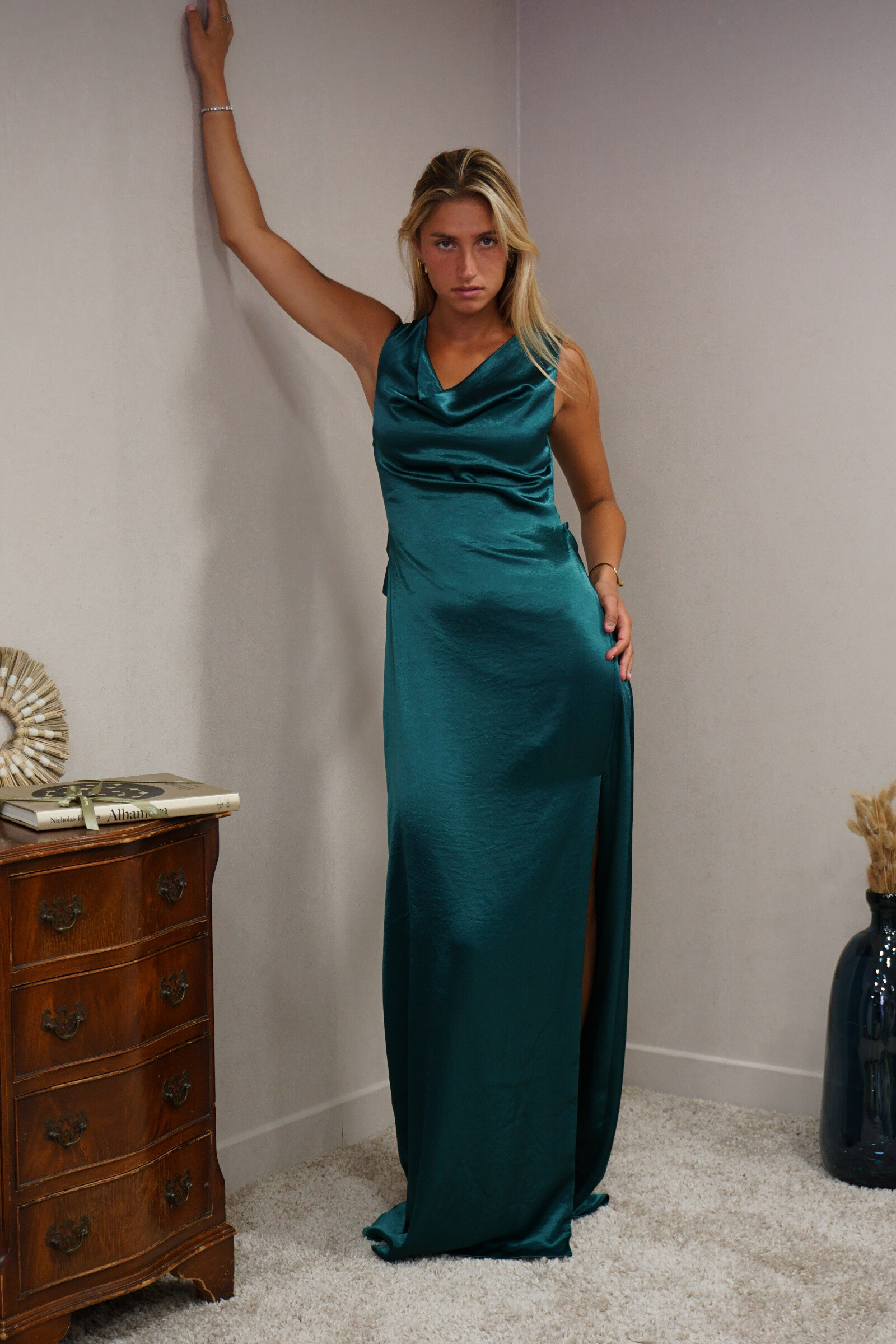 Wholesaler REVEROSE by Lucas & Emma - Long satin evening gown with draped neckline and open back for ceremony