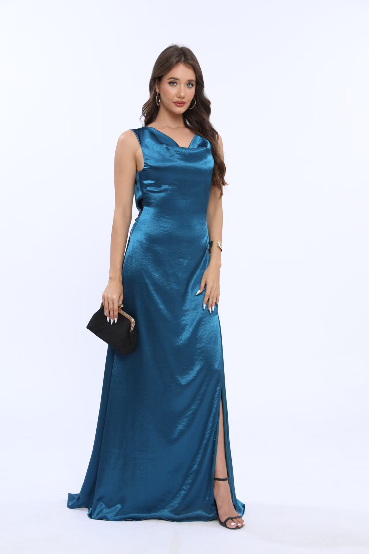 Mayorista REVEROSE by Lucas & Emma - Vestido de noche largo de satén con escote drapeado y espalda abierta para ceremonia