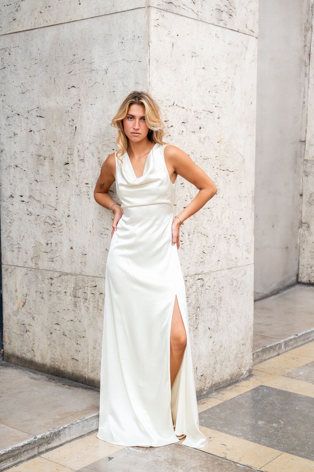Wholesaler REVEROSE by Lucas & Emma - Long satin evening gown with draped neckline and open back for ceremony