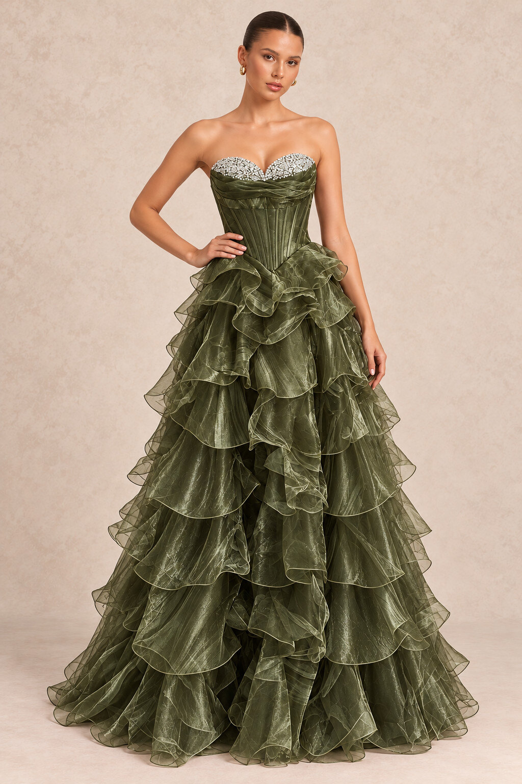 Wholesaler REVEROSE by Lucas & Emma - Long strapless gown with rhinestones and ruffles