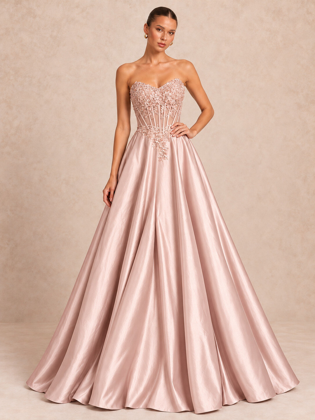 Wholesaler REVEROSE by Lucas & Emma - Embroidered strapless long dress with flared skirt