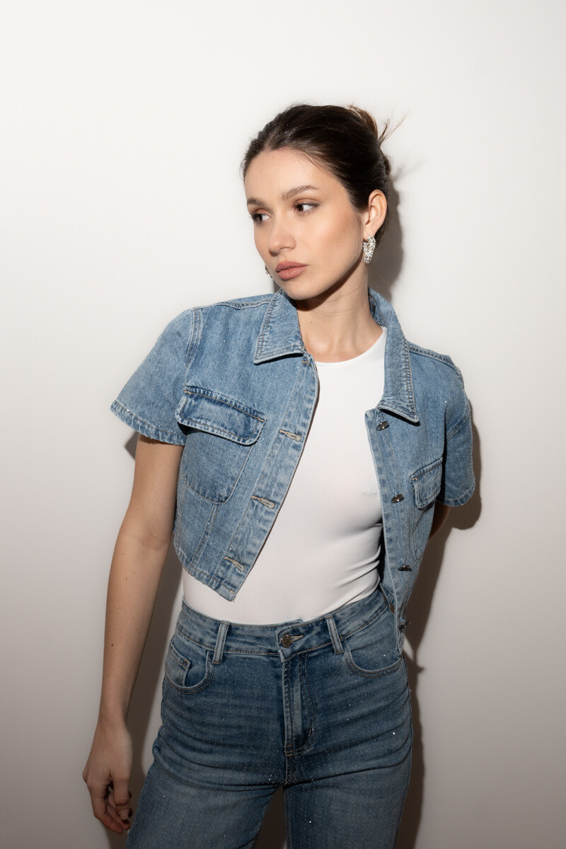 Wholesaler Rivulet - Denim crop shirt with half sleeves and rhinestones