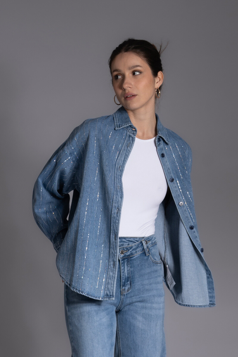 Wholesaler Rivulet - Diamond Denim Shirt with Striped Rhinestones
