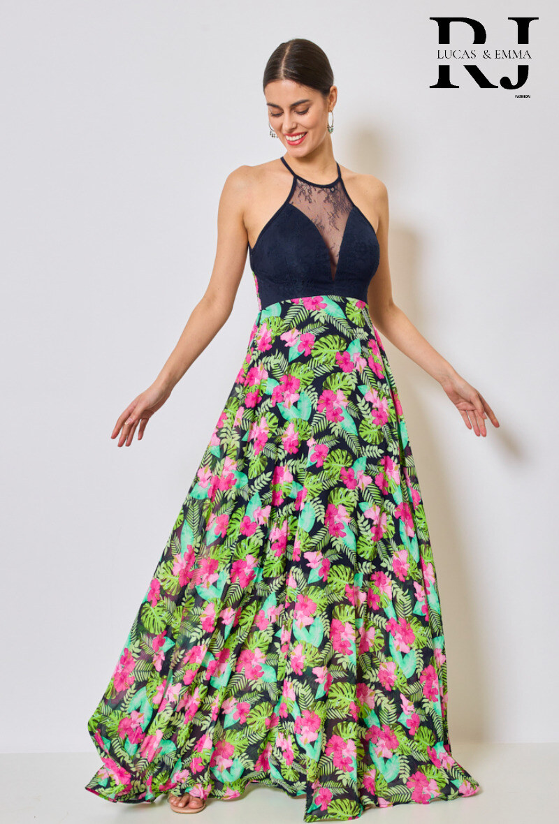Grossiste Luness - Robe cocktail longue à motif Colombo