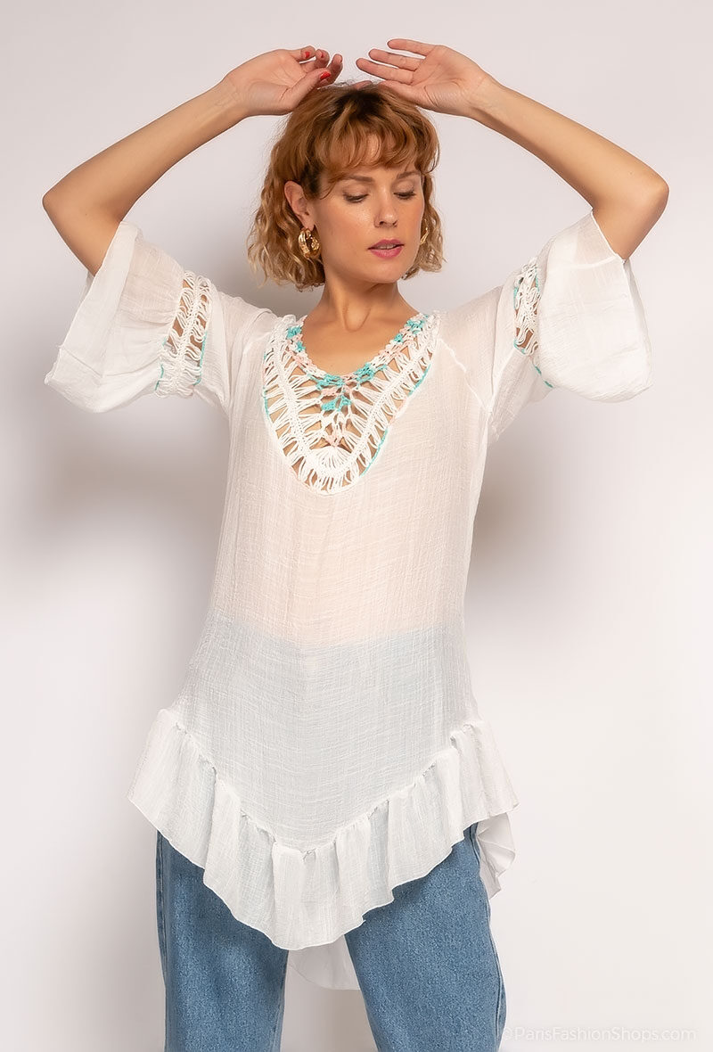 Großhändler Rosa Fashion Crochet - Bluse mit Häkelkragen